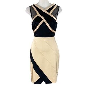 JAX black cream-gold satin color block sheath dress